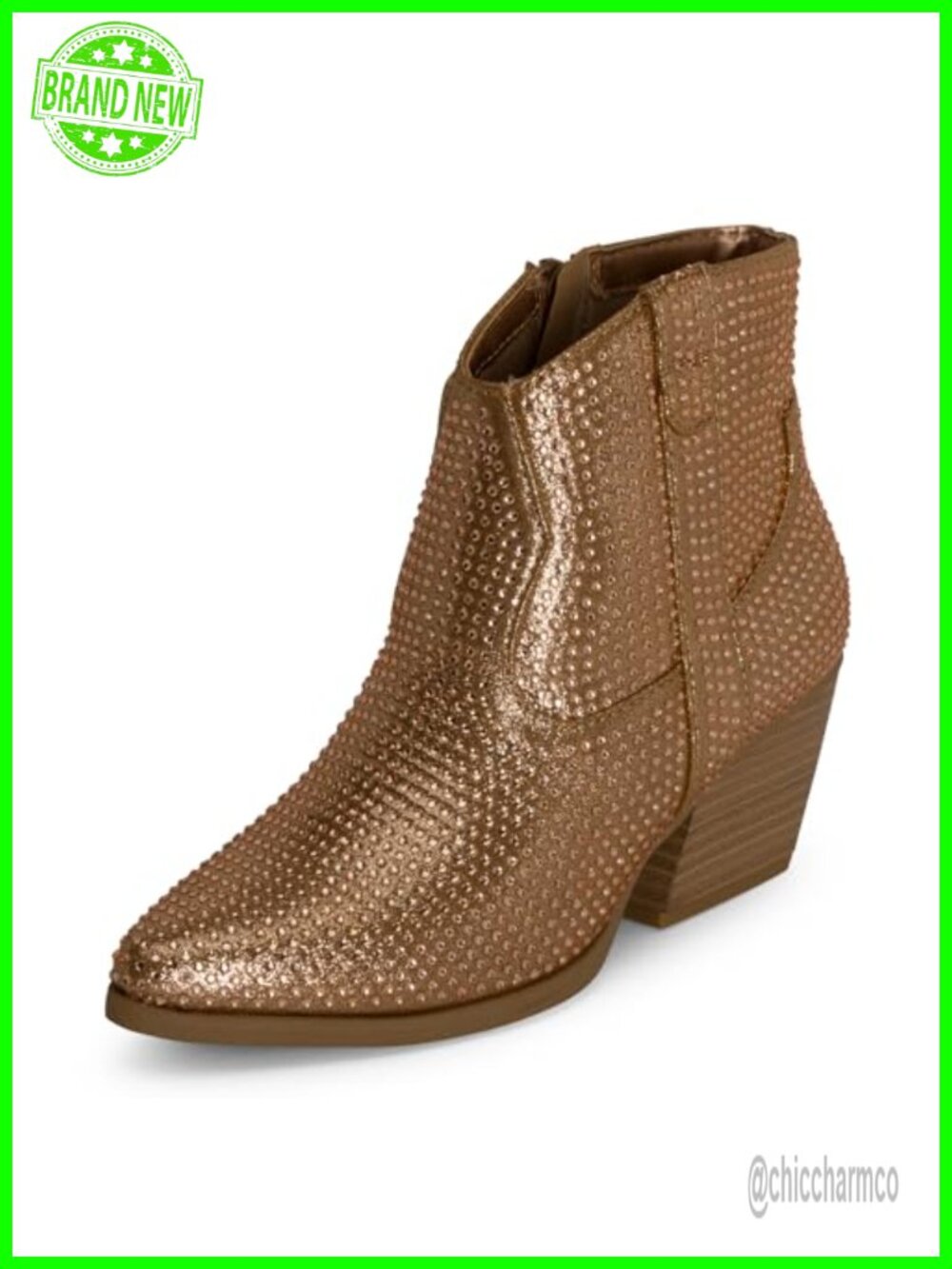 Sparkly Rhinestone Western Cowgirl Ankle Boots Pointed Toe Stacked Heel